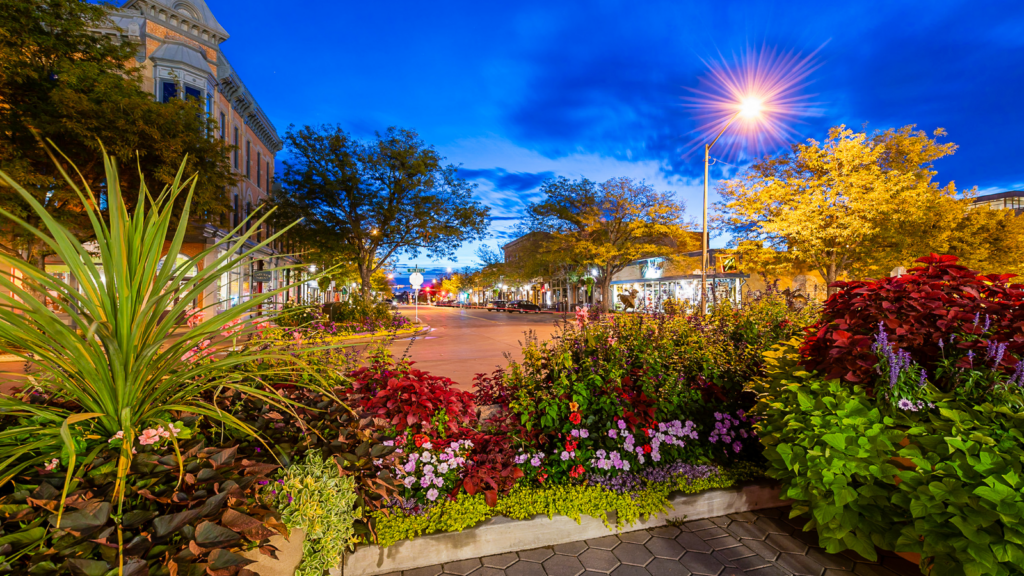 Old Town Square in Fort Collins on a summer night, located near the Colorado Marathon finish line.