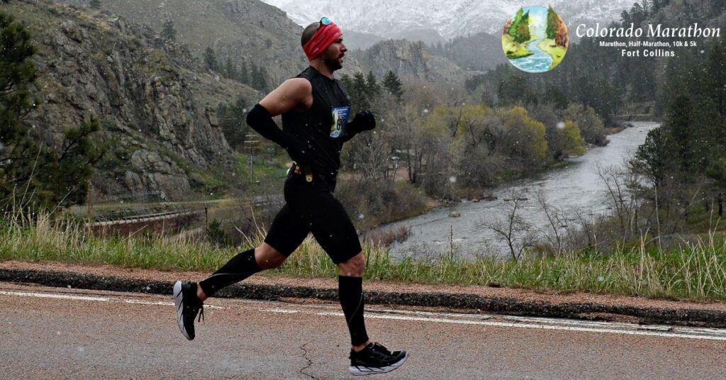 Man running the Colorado Marathon, a spring marathon in Fort Collins, CO
